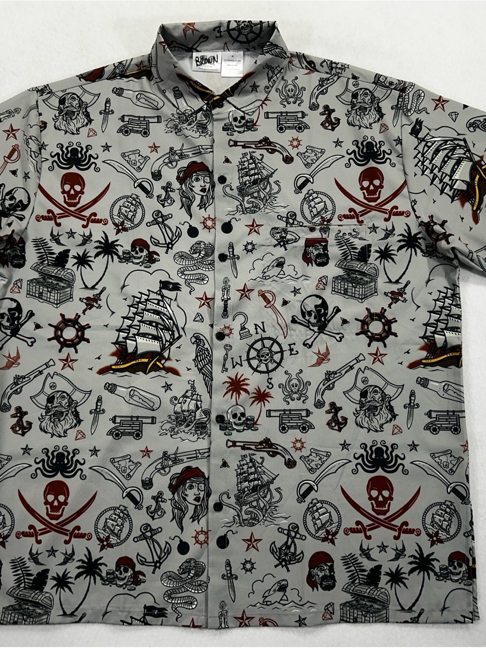 Pirate Print Button-Down Shirt with Red Accents Brixton bay Md